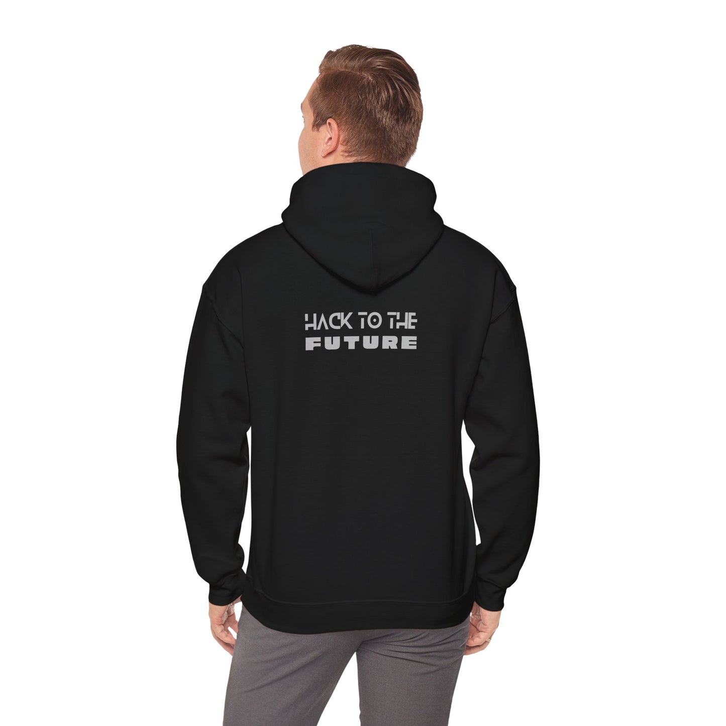 Black tech hoodie back view, 'Hack to the Future' design ideal for IT pros and hackers.