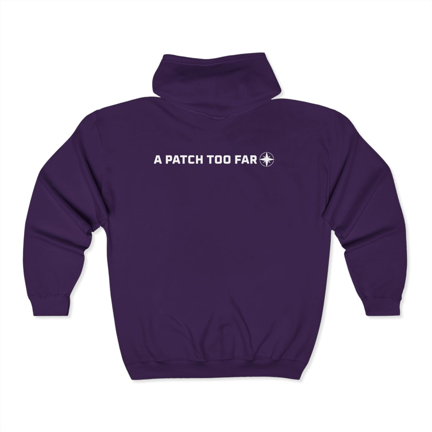 Purple zip hoodie back with 'A Patch Too Far' slogan