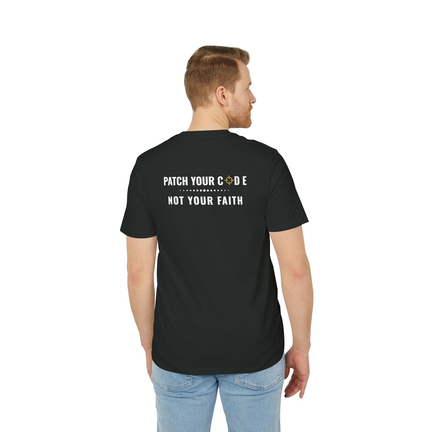 Man wearing a black t-shirt with text on the back, standing against a white background