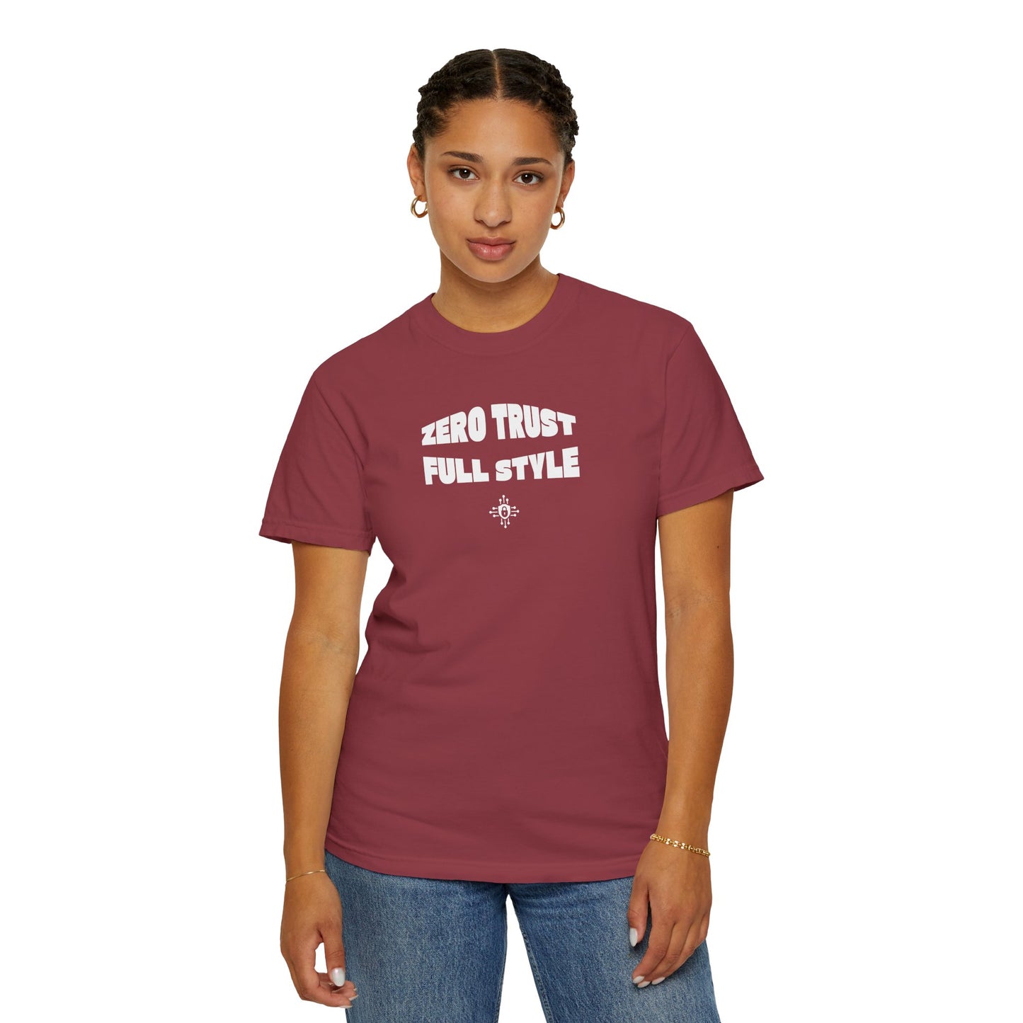 Chilli red cybersecurity awareness T-shirt with bold graphics, pre-shrunk cotton, and a relaxed fit for comfort
