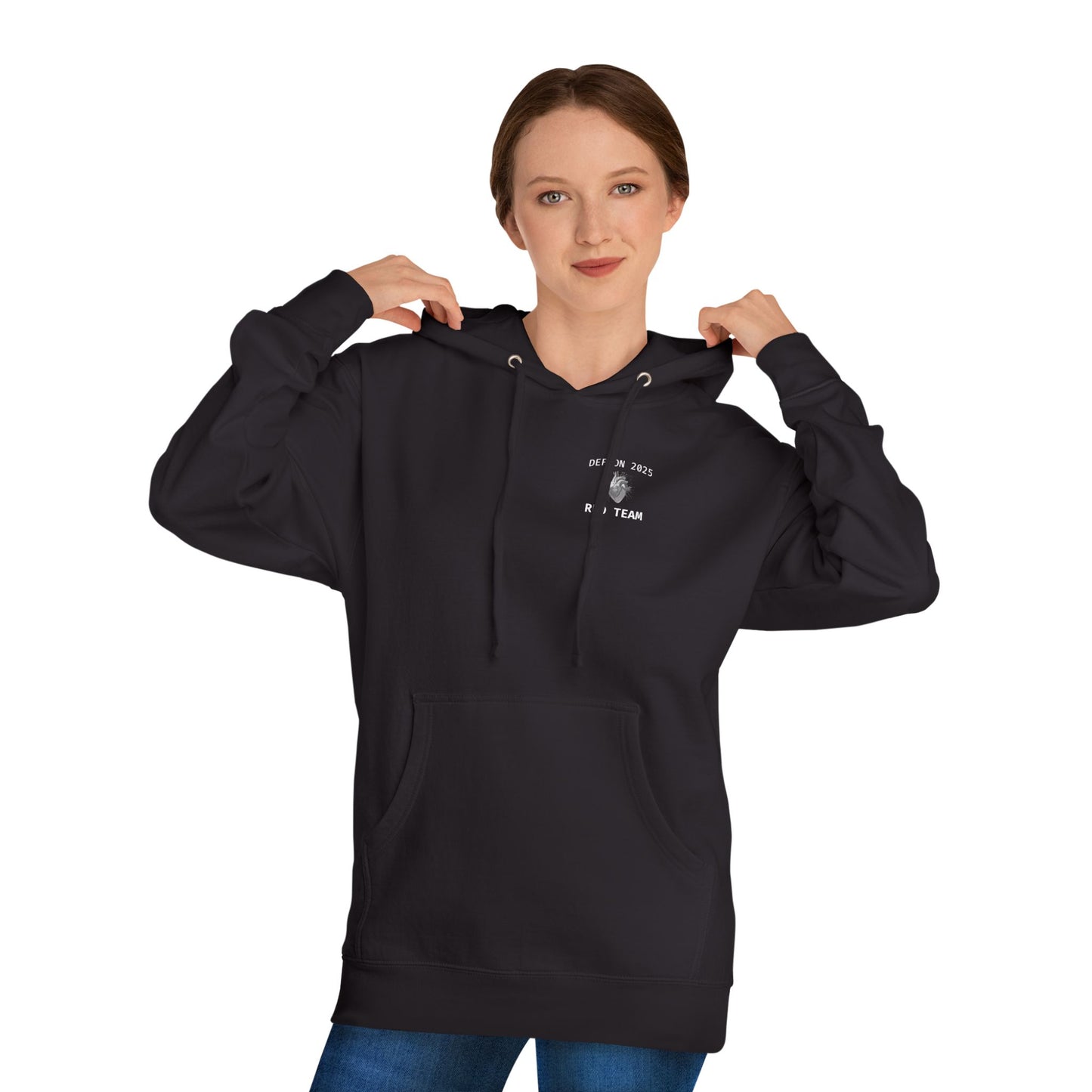 Person wearing a black hoodie with text on a white background