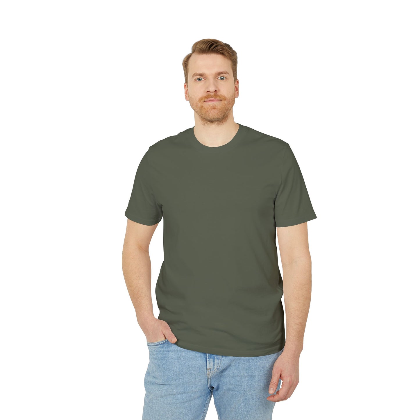 Man wearing a green t-shirt and blue jeans on a white background