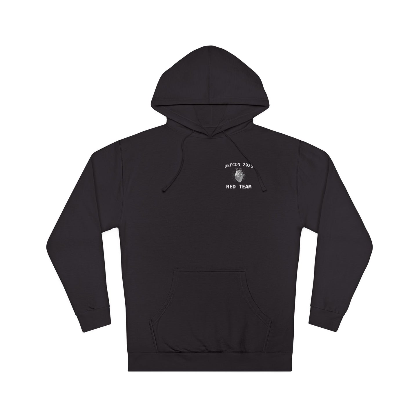 Black hoodie with a logo on the chest against a white background