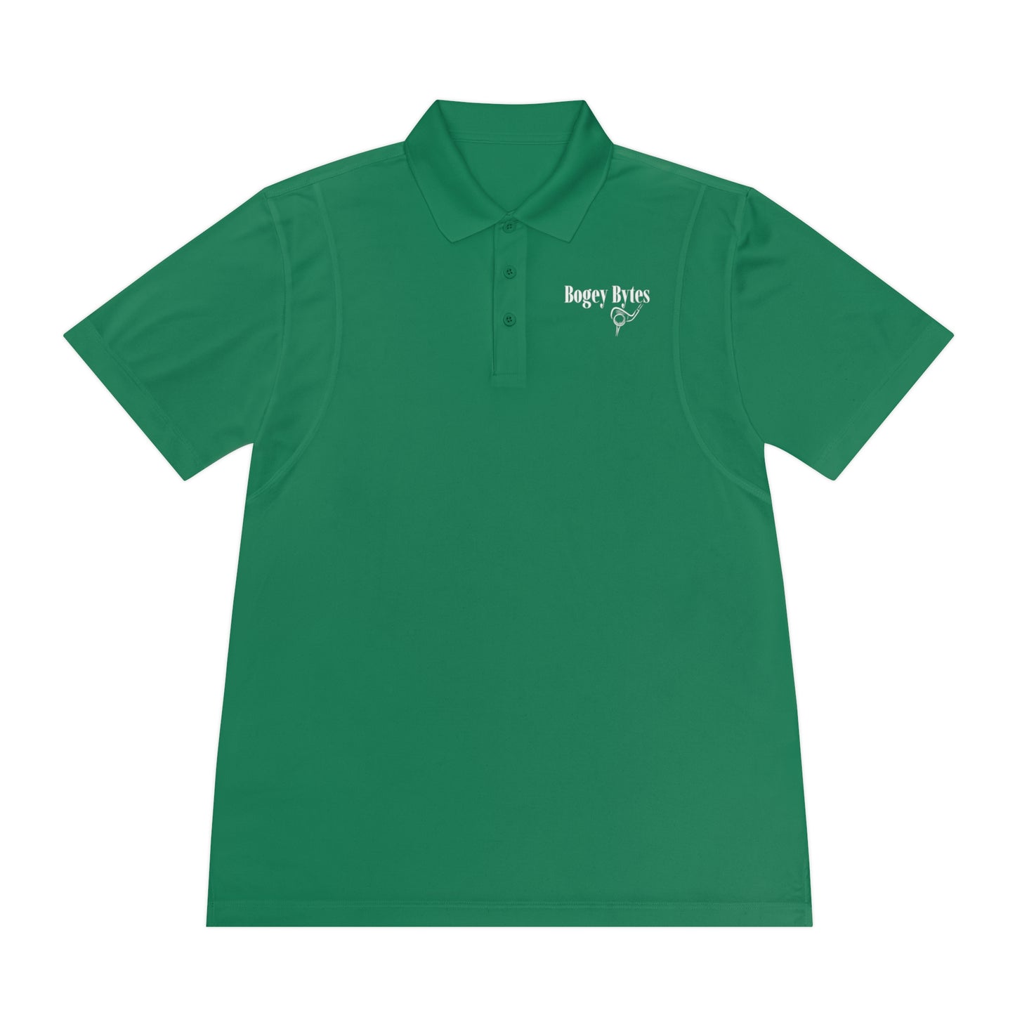 Flat lay of a kelly green polo shirt on a white background
