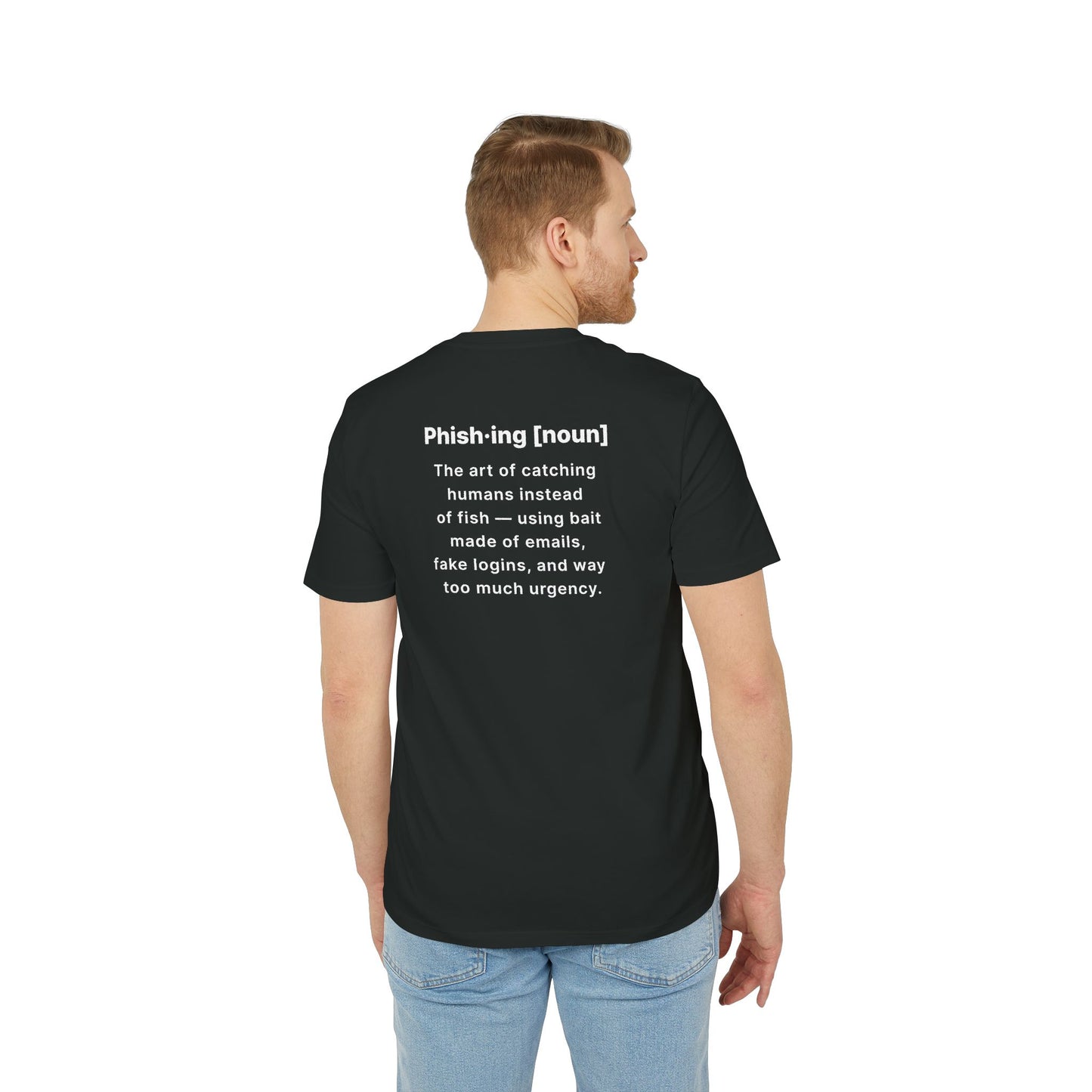 Person wearing a black t-shirt with text on the back, standing against a white background