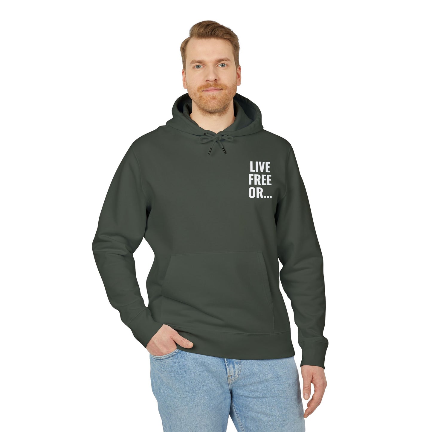 Man wearing a green hoodie with 'LIVE FREE OR...' text on a white background