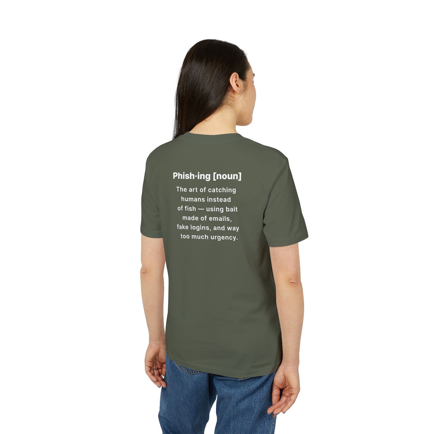 Person wearing a green t-shirt with a definition of 'phishing' on the back, on a white background