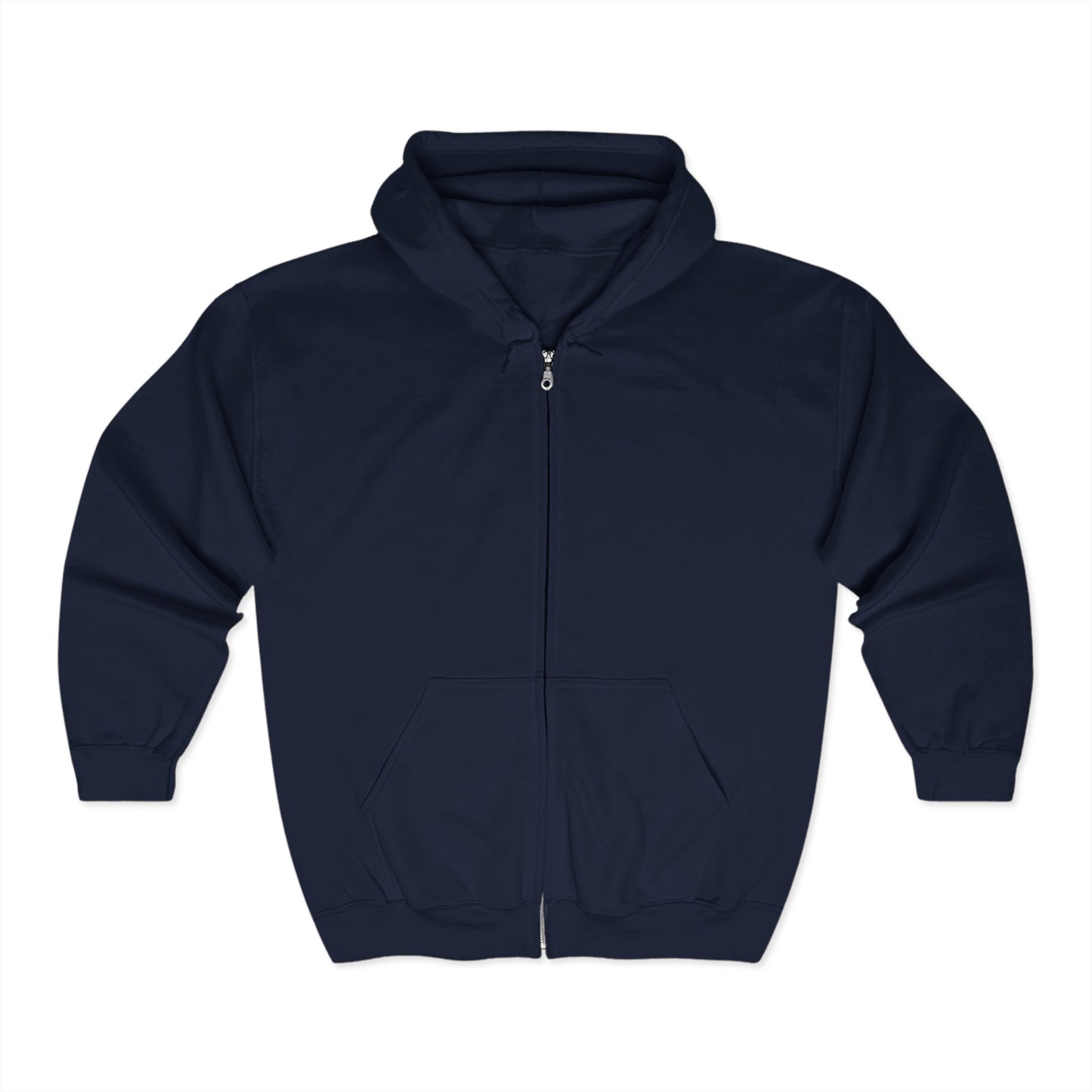 Navy zip hoodie back with 'A Patch Too Far' slogan
