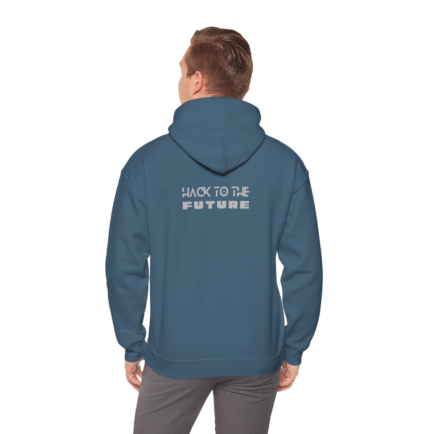 Indigo blue tech hoodie back view, 'Hack to the Future' ideal for hackers and IT experts.