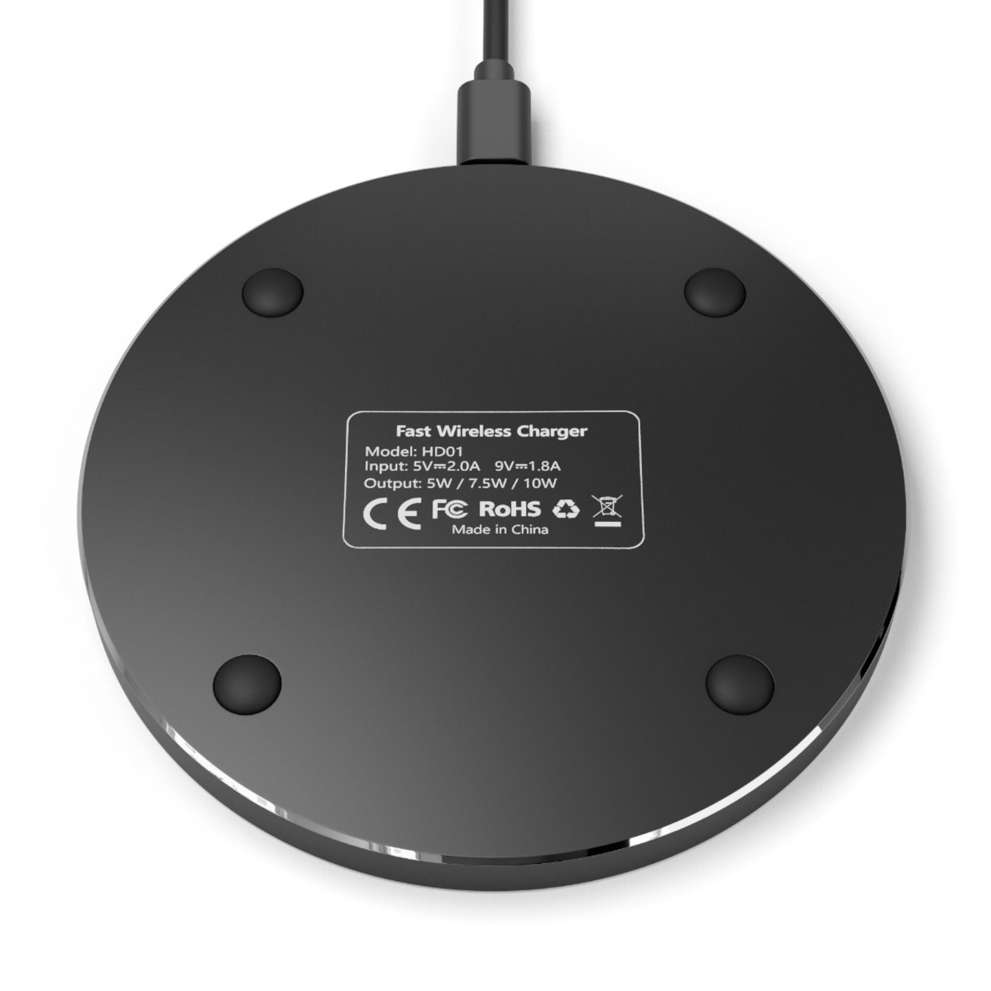 Back view of navy blue cybersecurity wireless charger, featuring a sleek design and 10W Qi fast-chargin