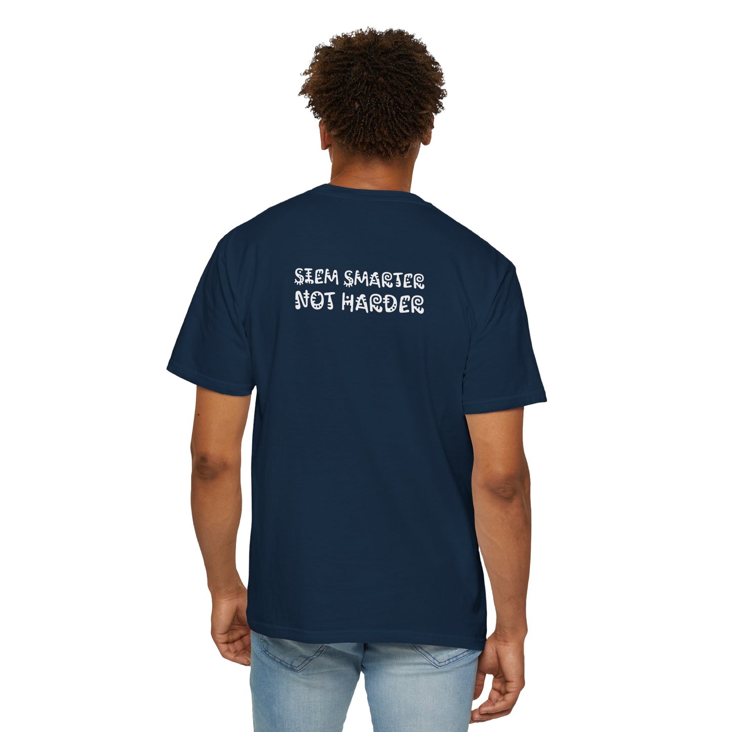 Navy blue t-shirt with a crew neck and short sleeves, featuring the slogan 'SIEM SMARTER, NOT HARDER' printed on the back.