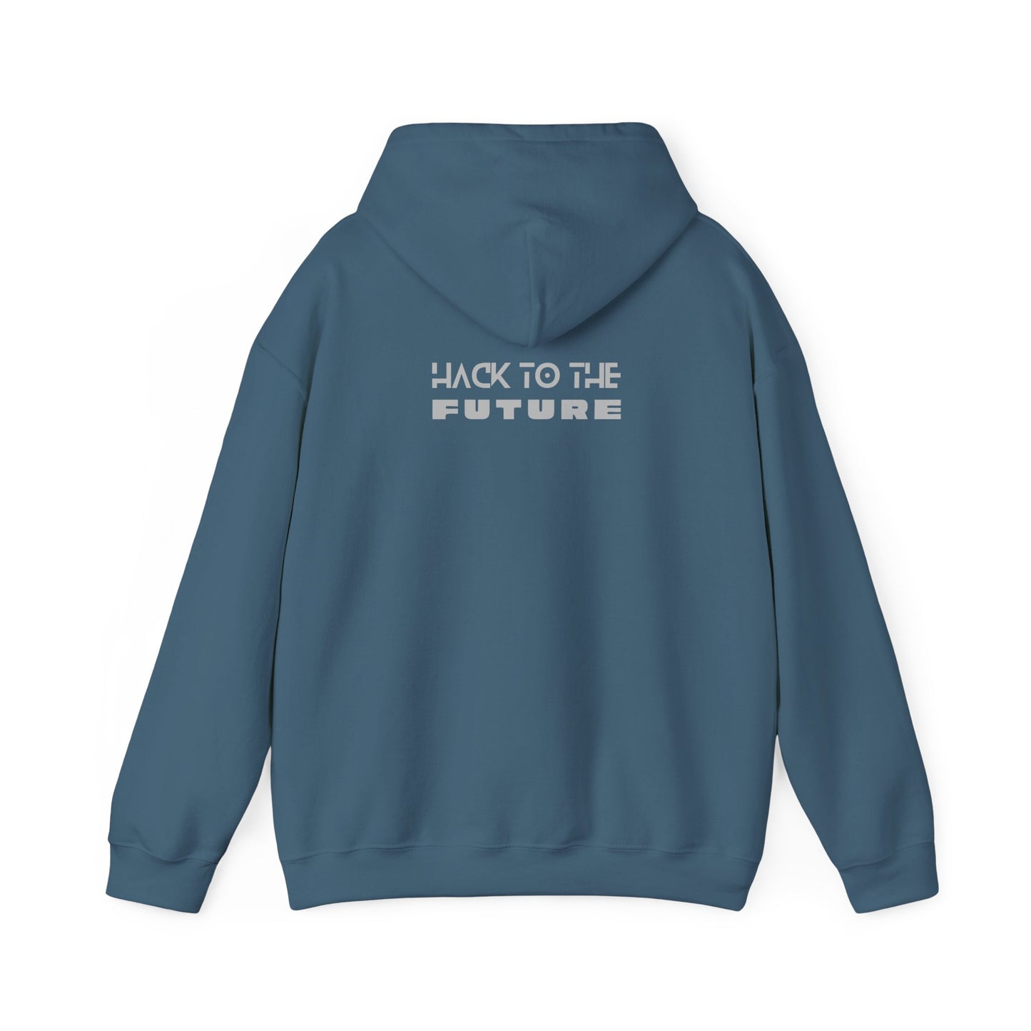 Indigo blue cybersecurity hoodie with 'Hack to the Future' slogan on back, tech design for enthusiasts and pros.