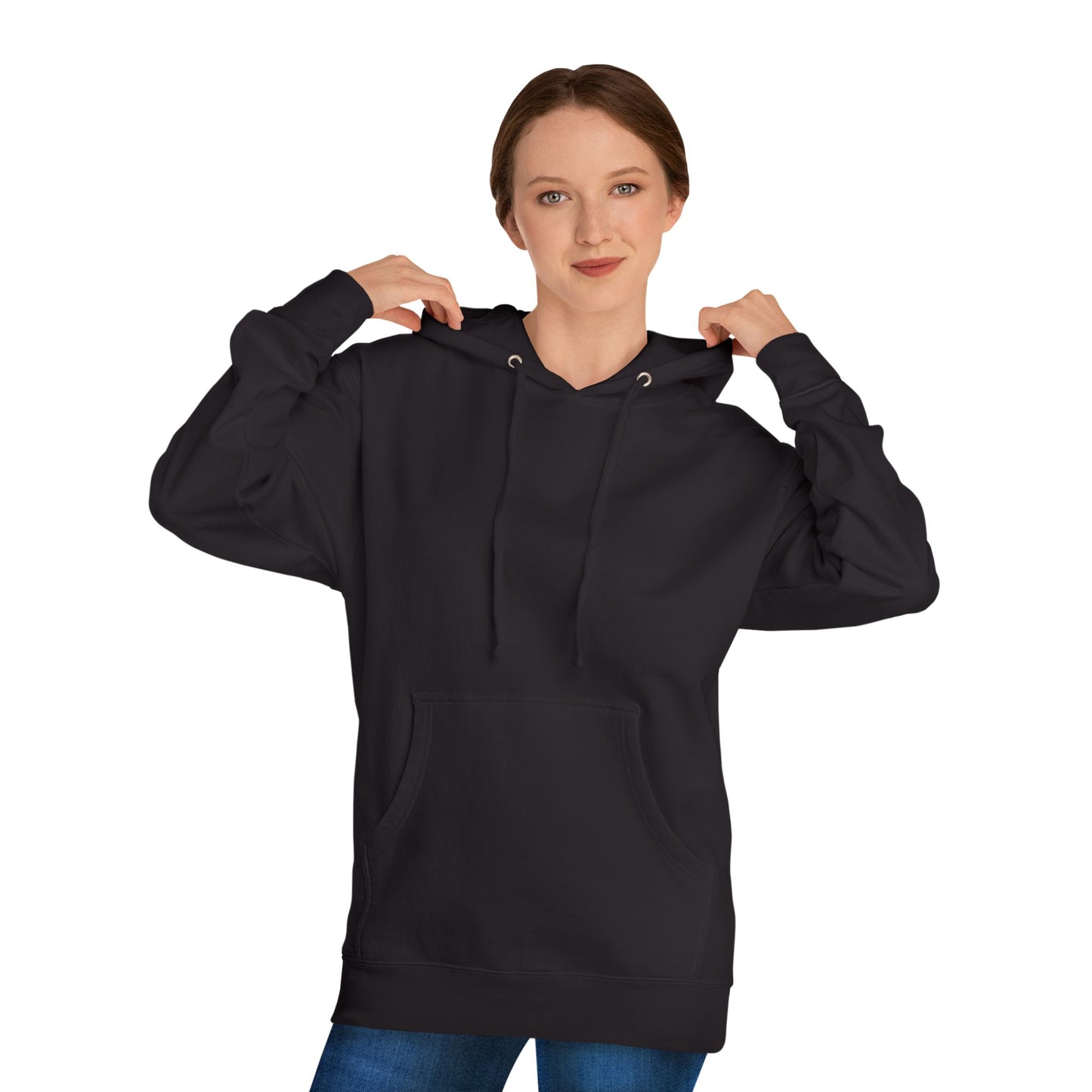 Person wearing a black hoodie on a white background