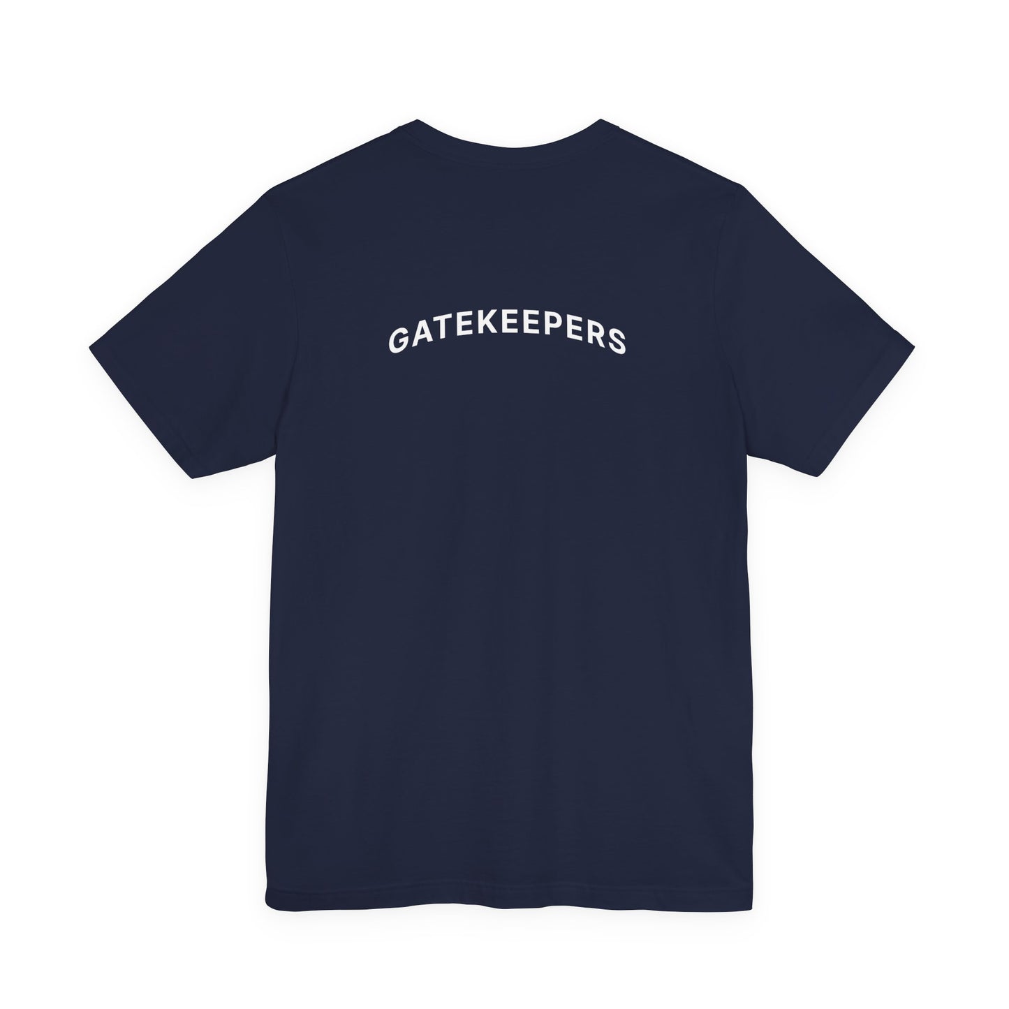 Navy blue t-shirt with 'GATEKEEPERS' text on the back against a white background