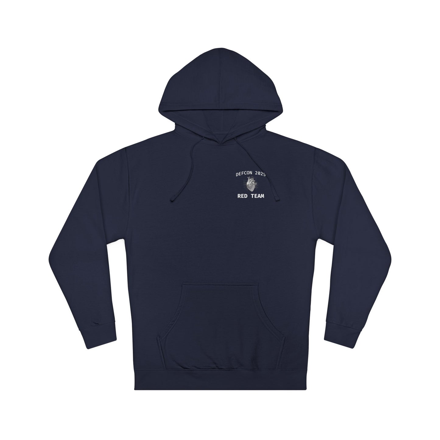 Navy blue hoodie with a logo on the chest against a white background