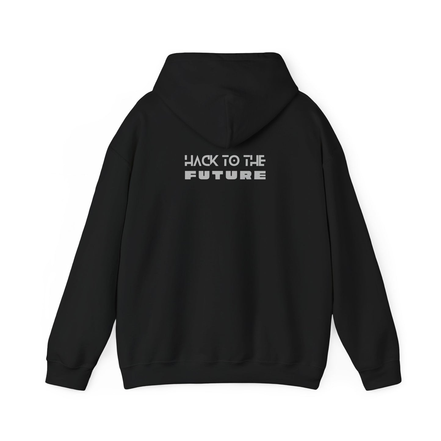 Black cybersecurity hoodie with 'Hack to the Future' slogan on back, tech design for enthusiasts, ethical hackers.