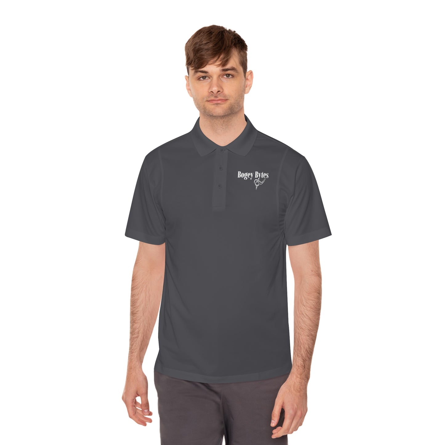 Man wearing a classic iron gray polo shirt, exuding an air of professionalism