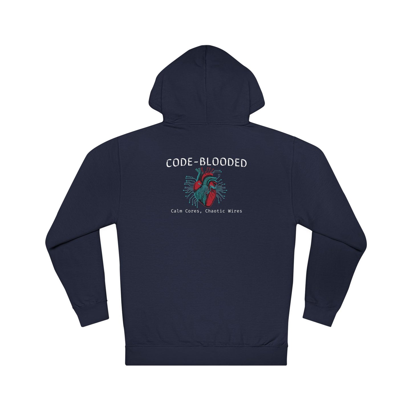 Navy blue hoodie with 'CODE-BLOODED' design on the back against a white background