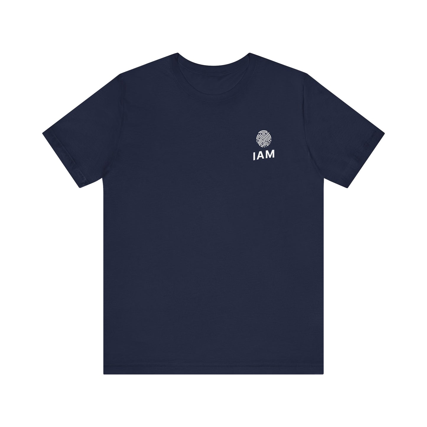 Navy blue t-shirt with 'IAM' logo on a white background