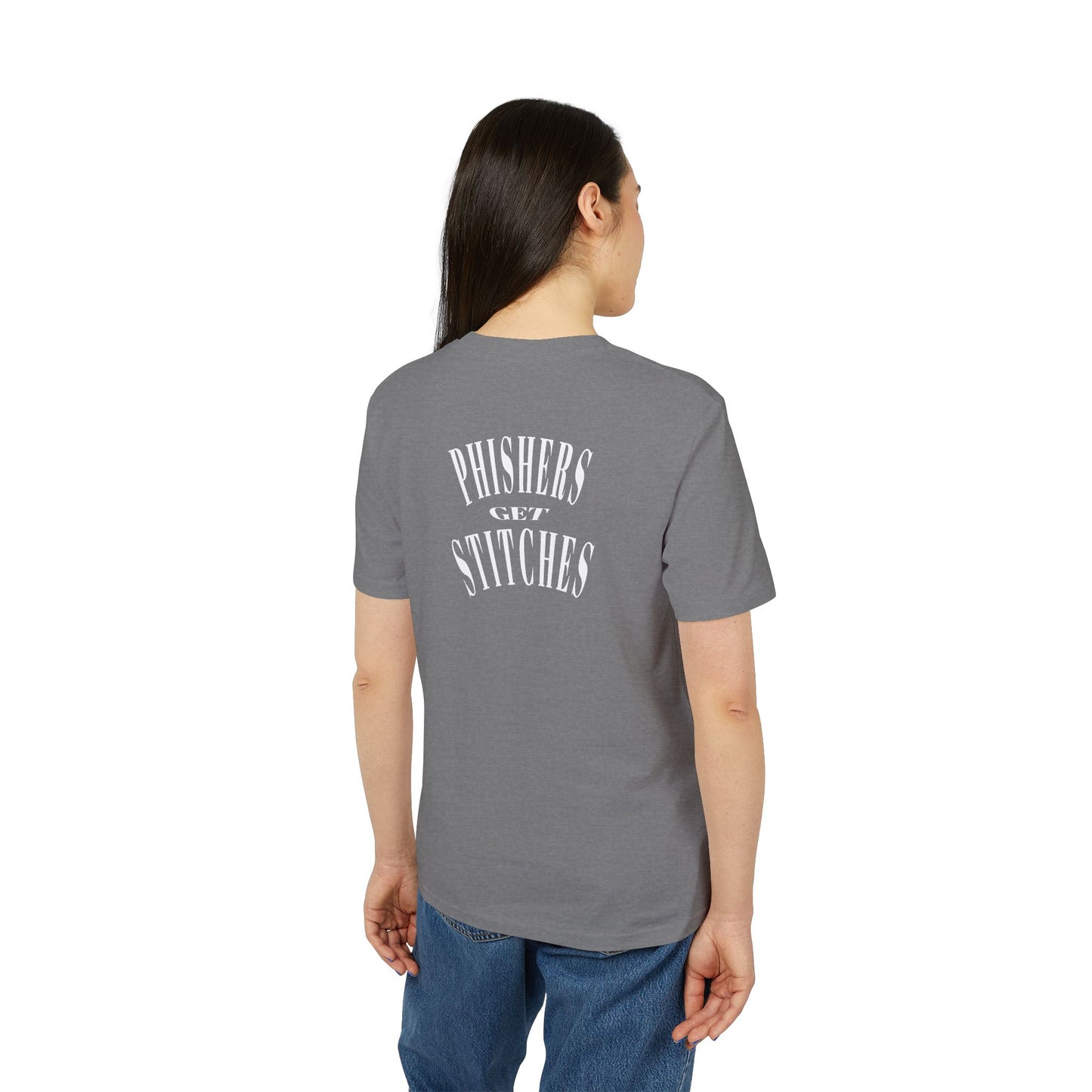 A grey t-shirt on a female model with slogan 'Phishers Get Stitches' on the back, on a white background