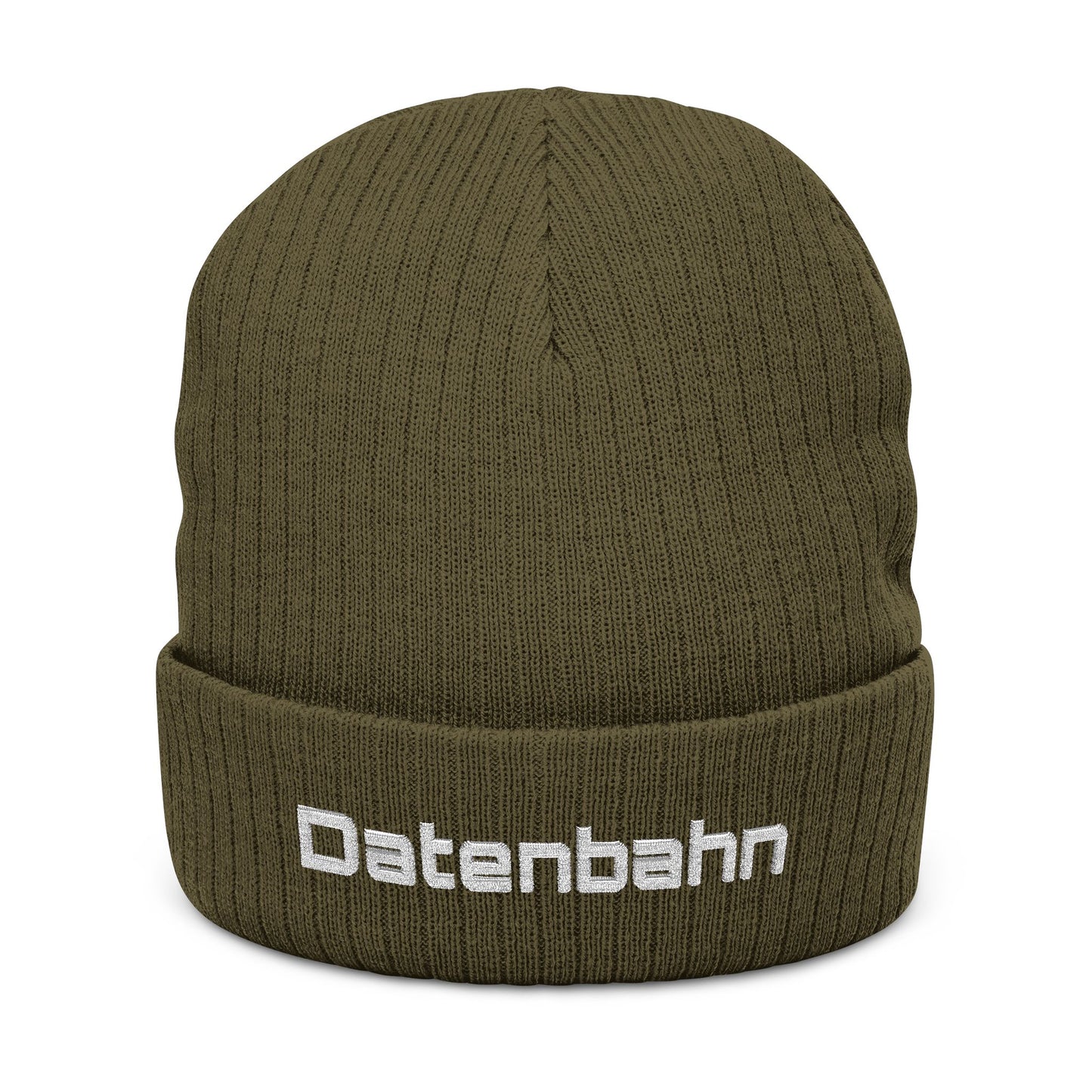 Olive green beanie with 'Datenbahn' logo on a white background