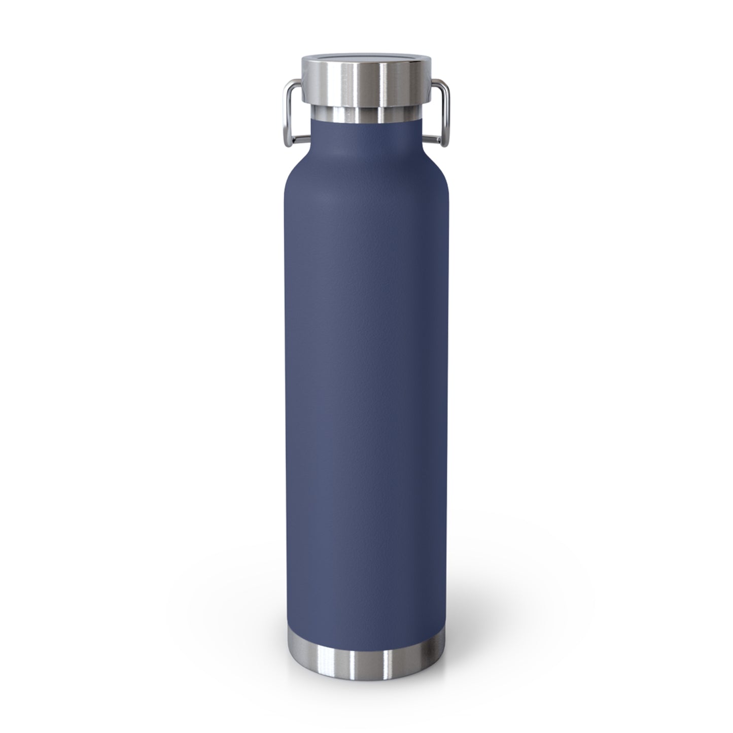 Close-up of navy stainless steel bottle. Scratch-resistant powder coat finish for cybersecurity pros and tech enthusiasts