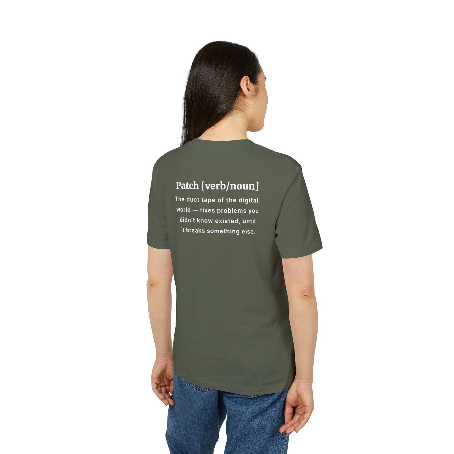 Person wearing a green t-shirt with text on the back, standing against a white background