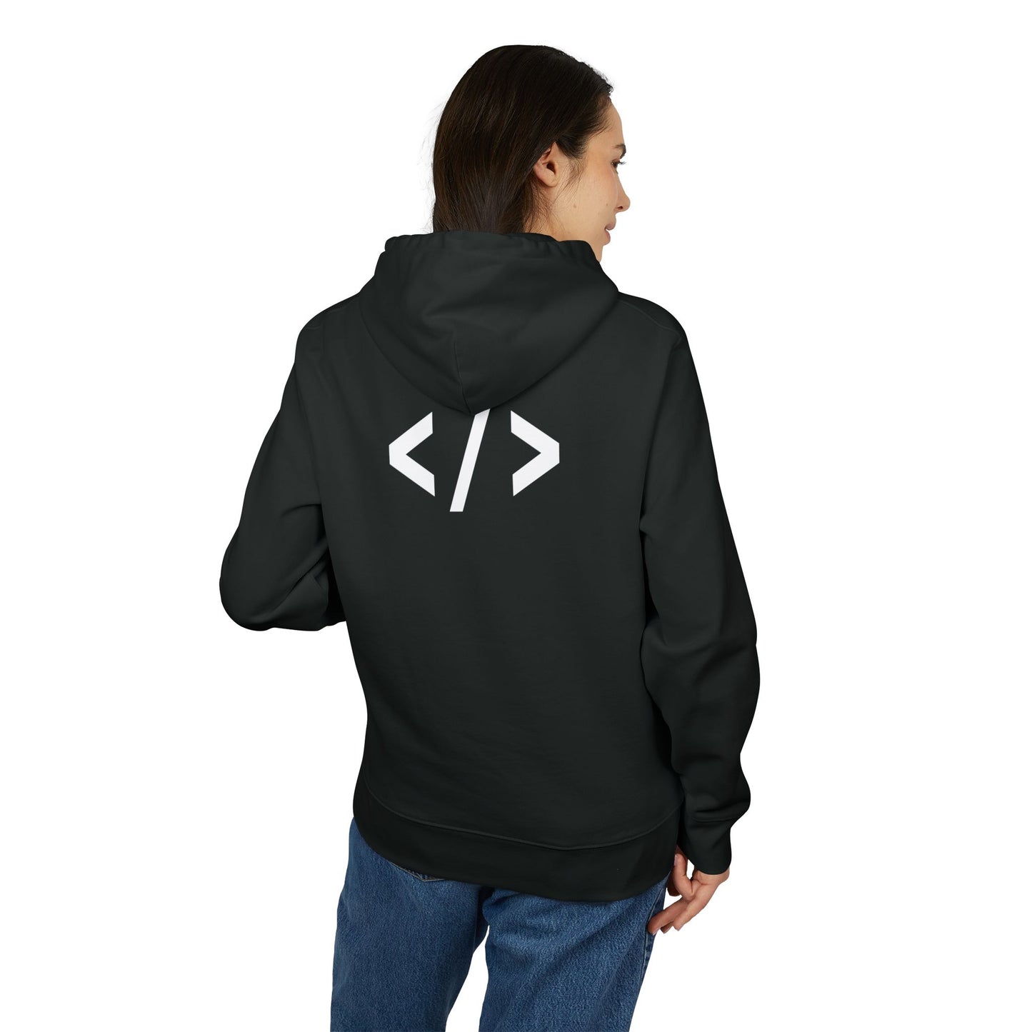 Person wearing a black hoodie with HTML code design on the back, standing against a white background