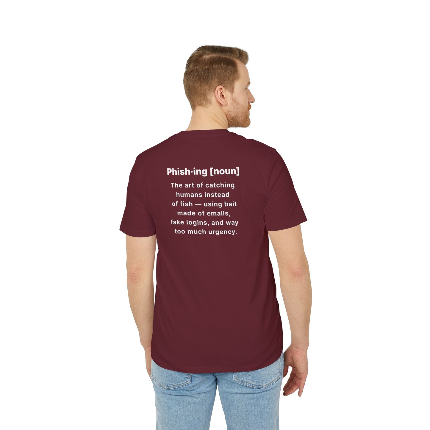 Man wearing a maroon t-shirt with humorous definition on the back, white background