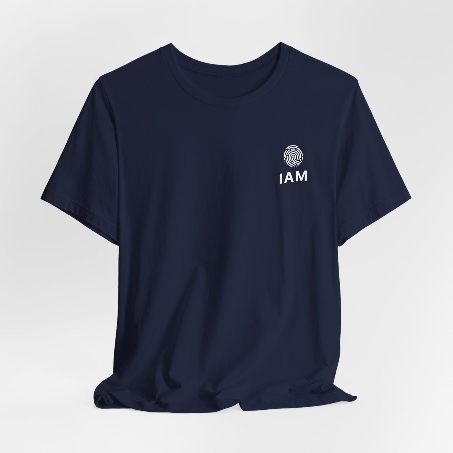 Navy blue t-shirt with 'IAM' logo on a light gray background