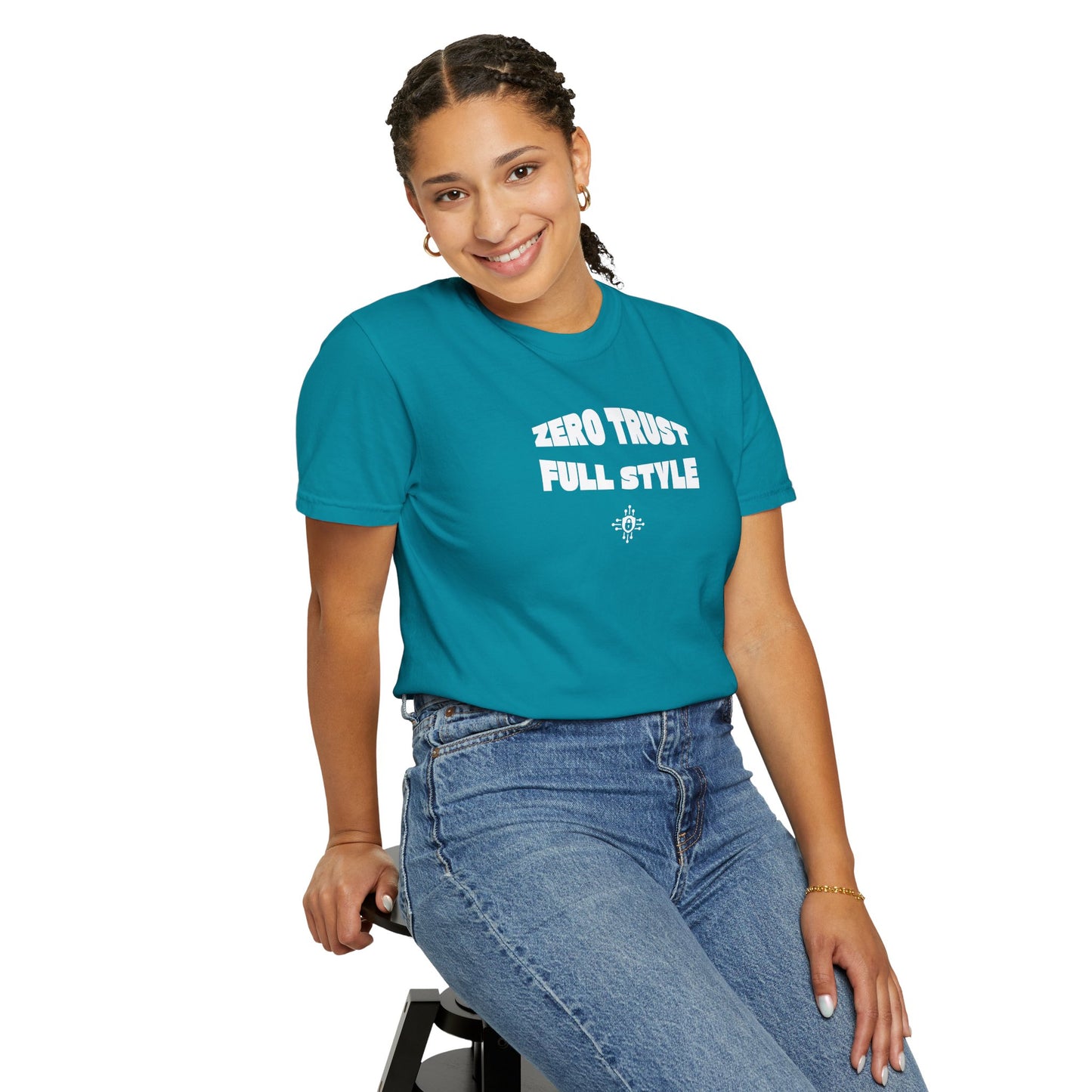 Side angle of stylish blue hacker T-shirt, featuring garment-dyed soft cotton for a premium feel