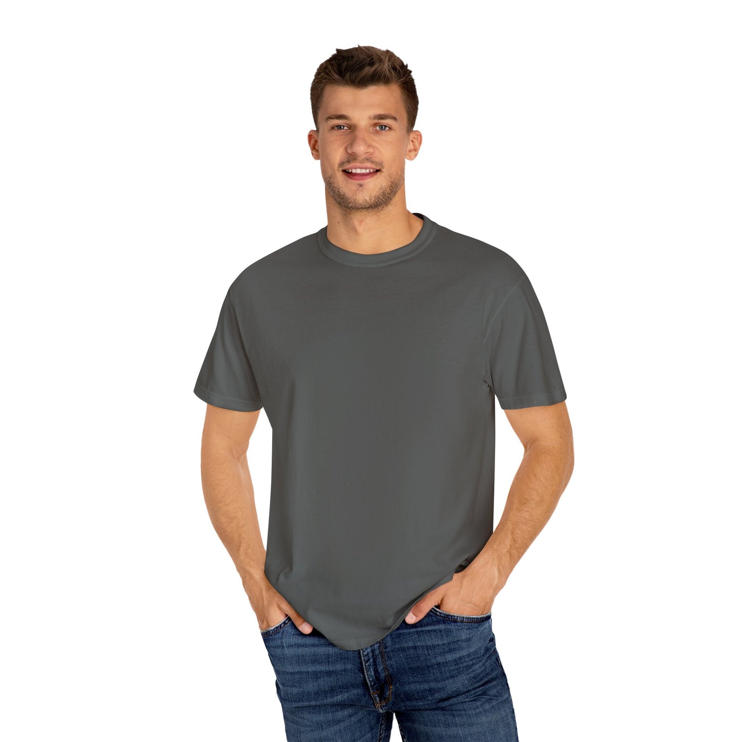 Front view of Gray t-shirt with a crew neck and short sleeves, featuring the slogan 'SIEM SMARTER, NOT HARDER' printed on the back.