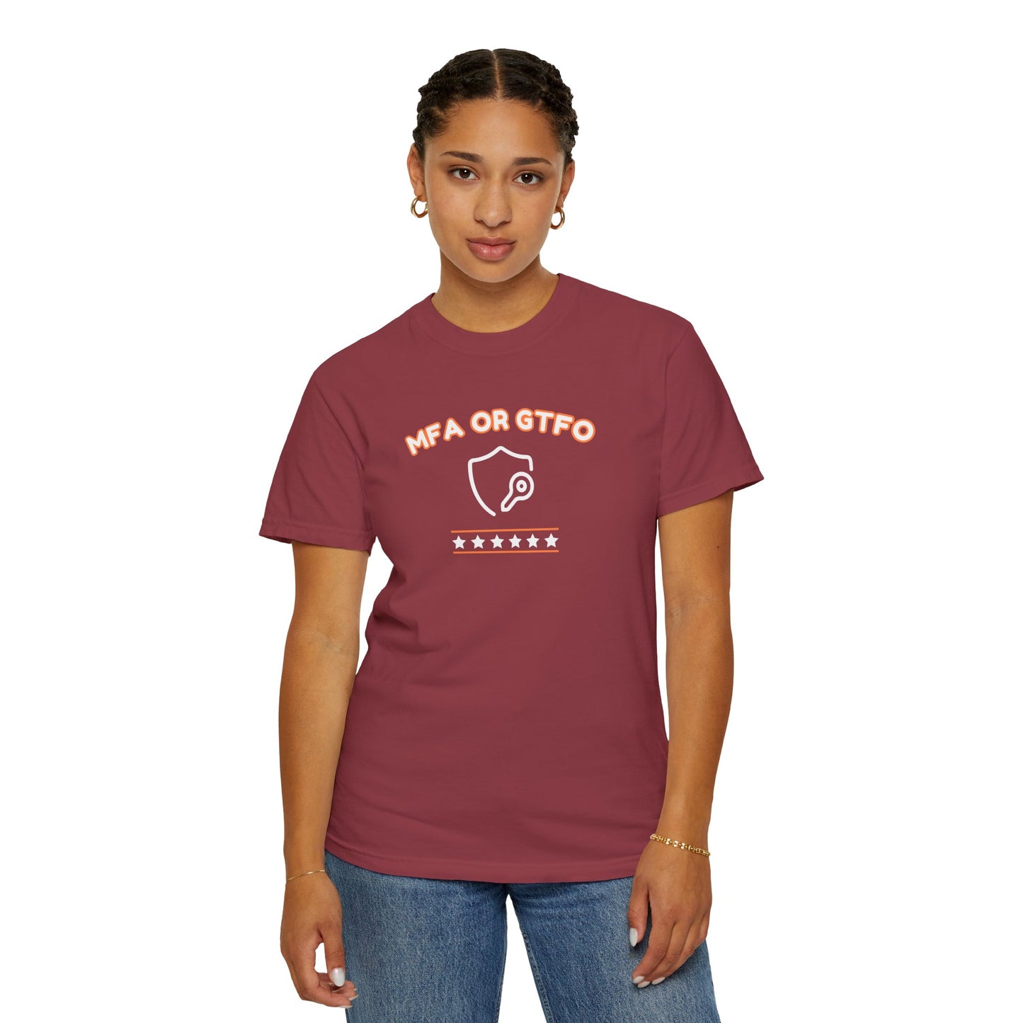 Chili Red MFA or GTFO T-Shirt – Cybersecurity-Themed Soft Cotton Garment-Dyed Tee