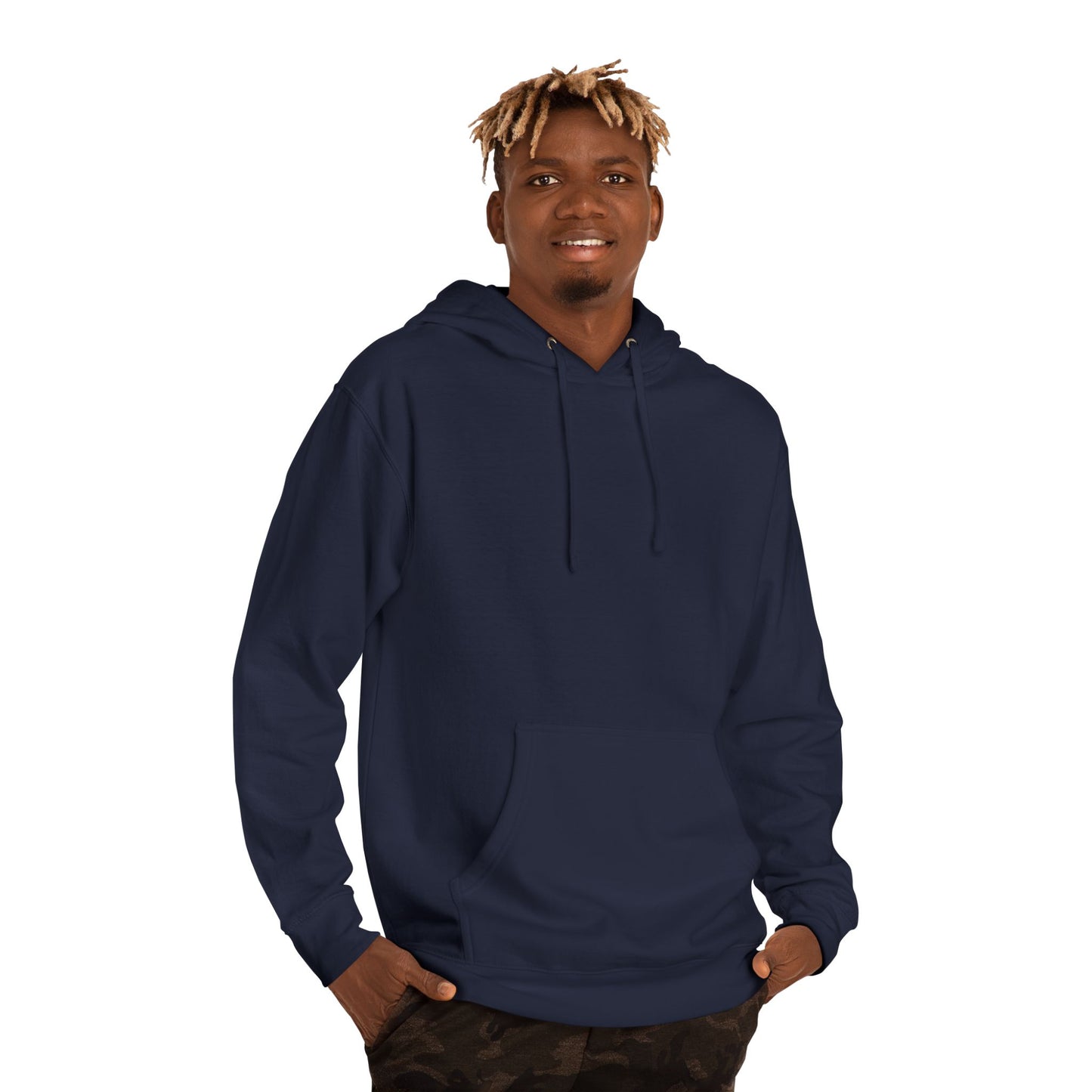 Person wearing a navy blue hoodie on a white background