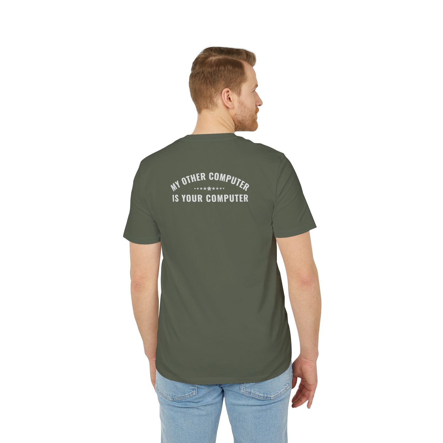 Man wearing a green t-shirt with text on the back, standing against a white background