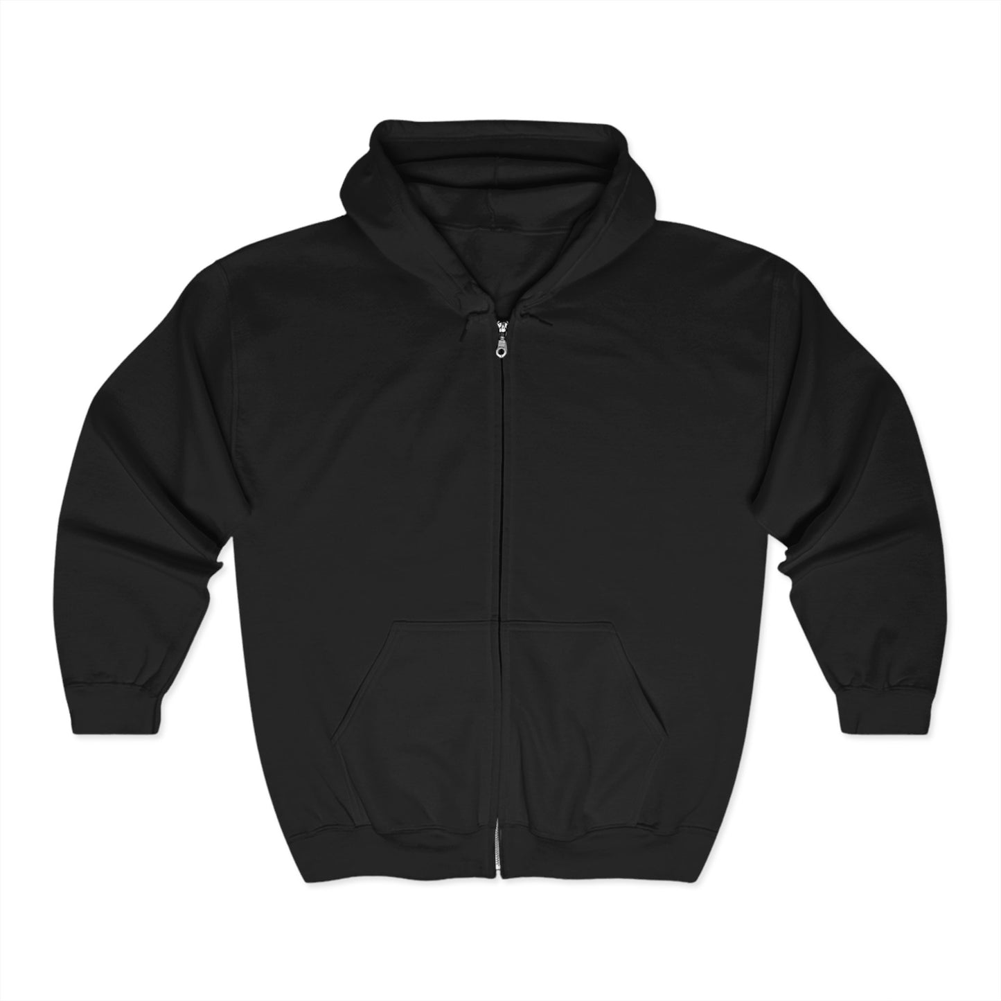 Black zip hoodie back with 'A Patch Too Far' slogan