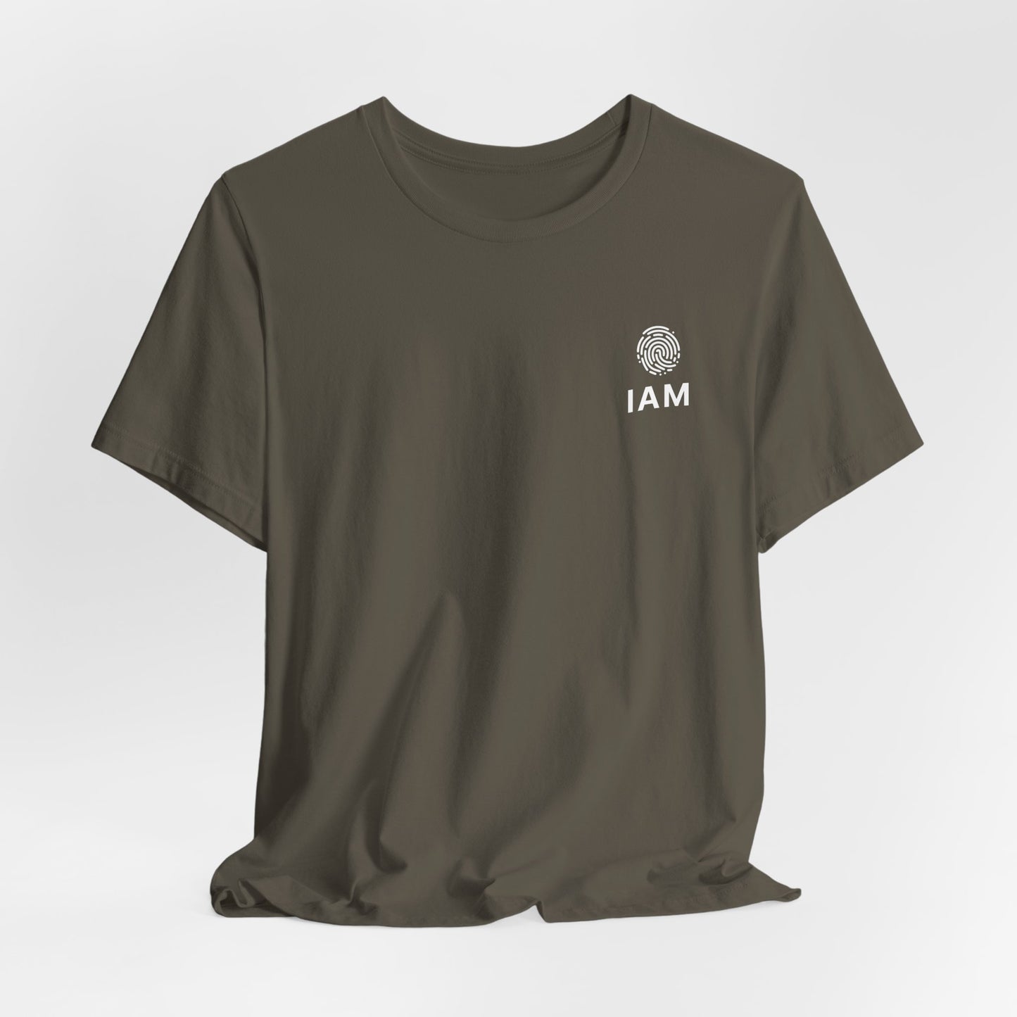 khaki t-shirt with a logo and text on a light gray background
