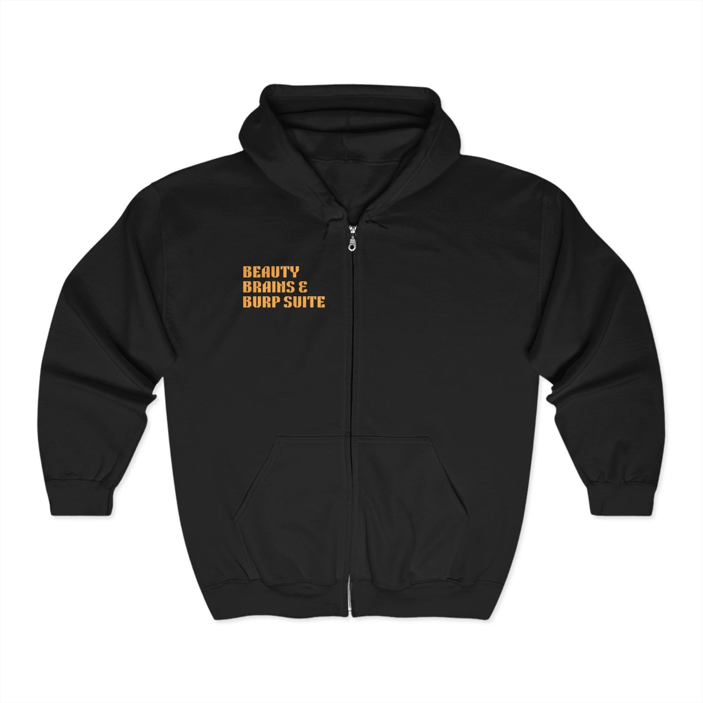 Black full-zip hoodie flat lay featuring "Beauty, Brains & Burp Suite" text – stylish apparel for women in tech.