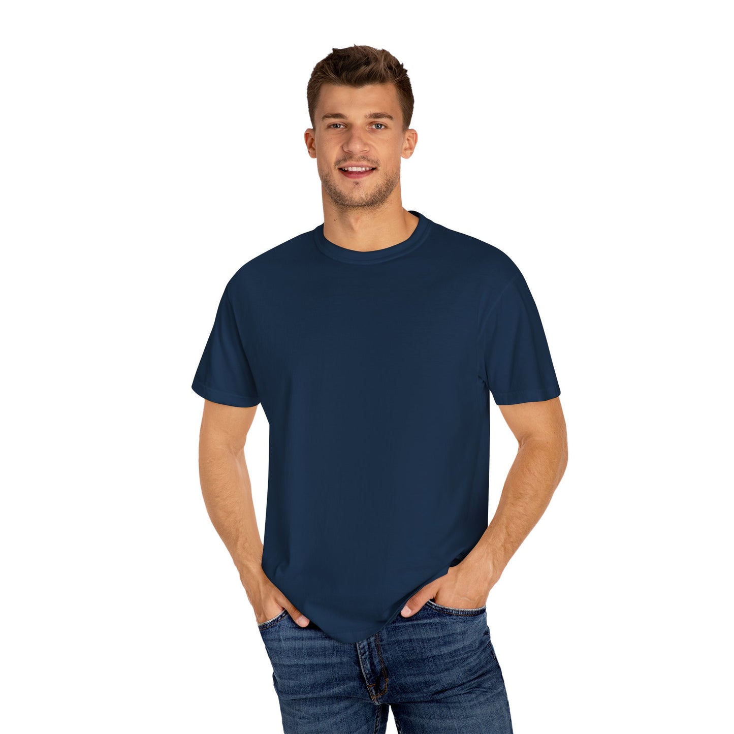Front view of Navy blue t-shirt with a crew neck and short sleeves, featuring the slogan 'SIEM SMARTER, NOT HARDER' printed on the back.