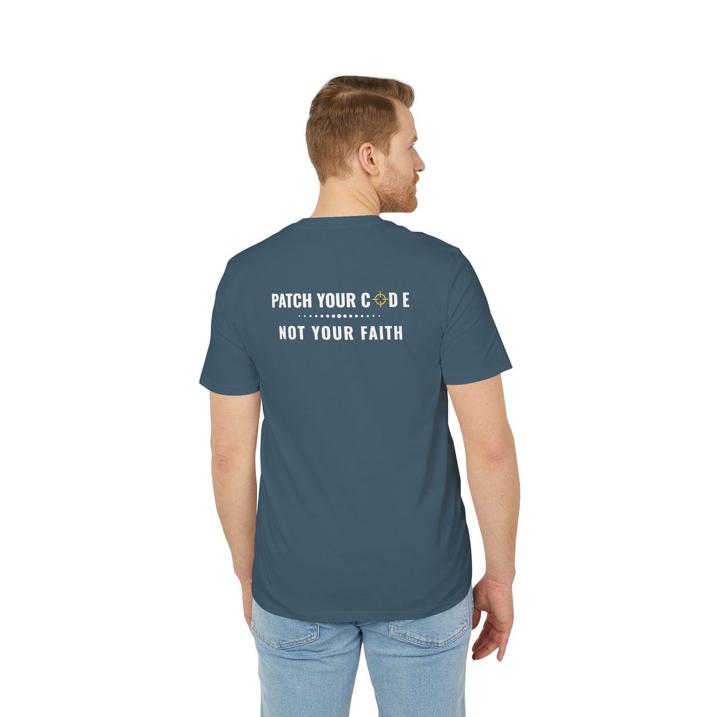 Man wearing a blue t-shirt with text on the back, standing against a white background