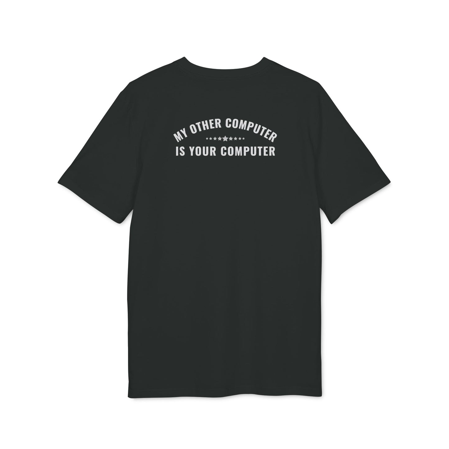 Black t-shirt with white text on the back on a white background
