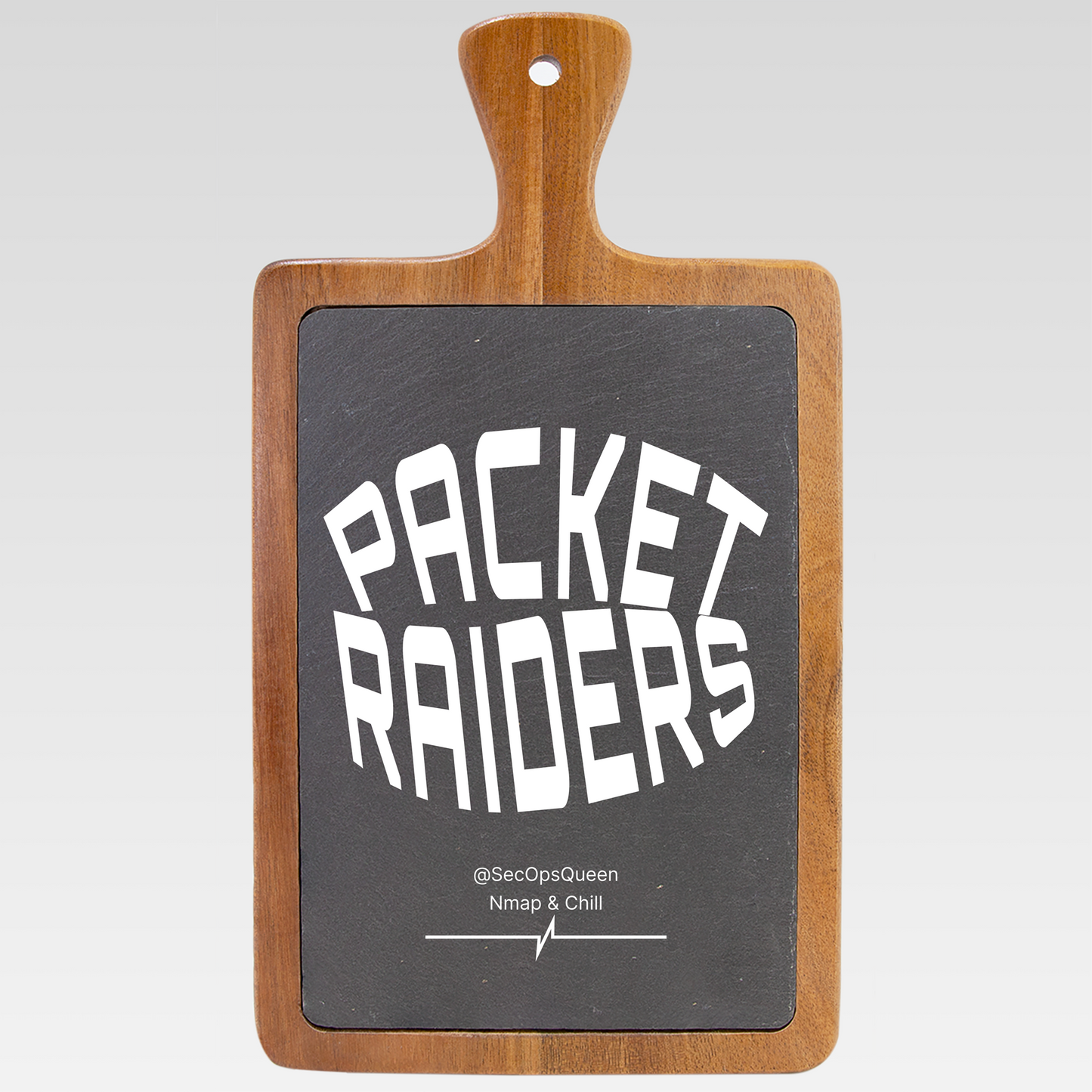 Customizable rectangle wooden charcuterie board with black slate surface displaying 'PACKET RAIDERS' text.