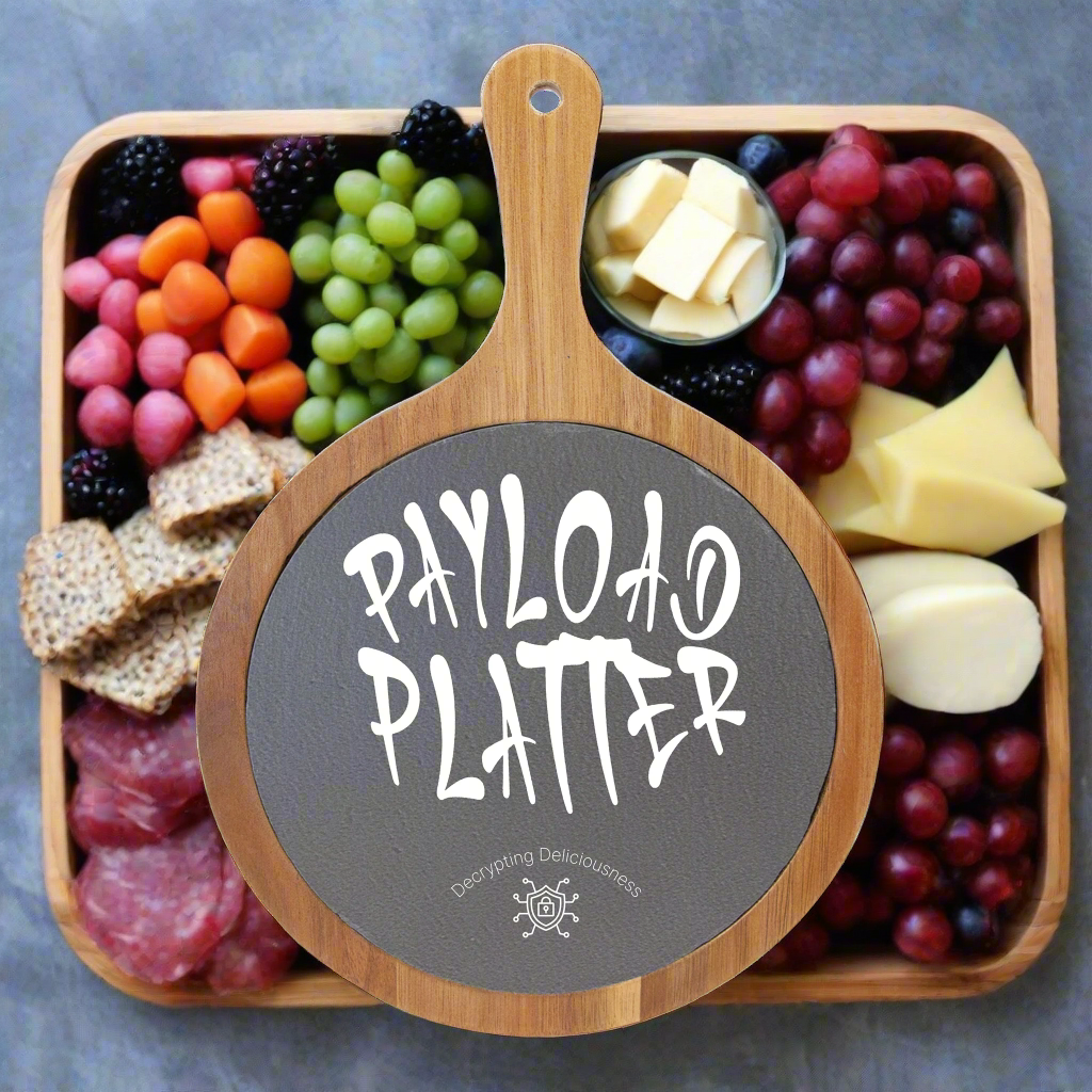 Round wooden serving board with 'PAYLOAD PLATTER' text on a white background