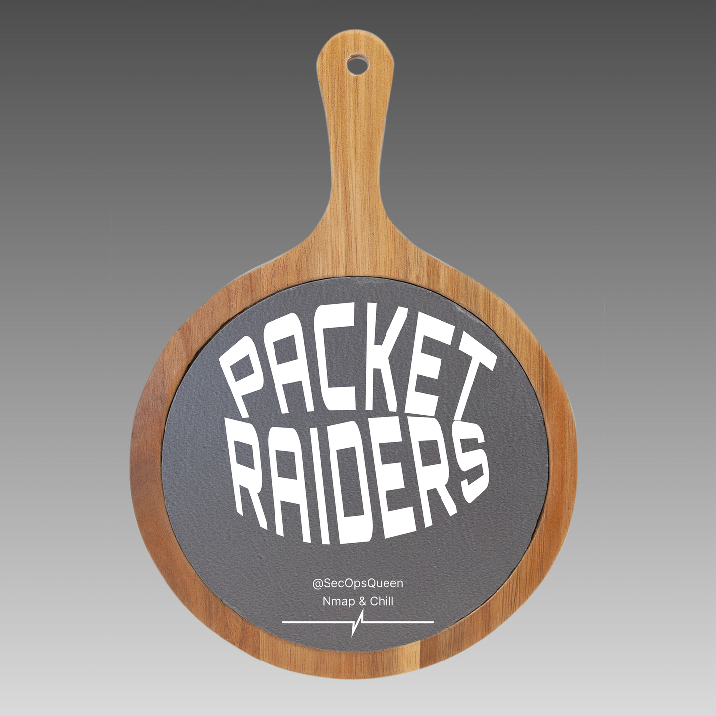 Customizable Wooden charcuterie board with a gray slate center displaying 'PACKET RAIDERS' text on a gradient background