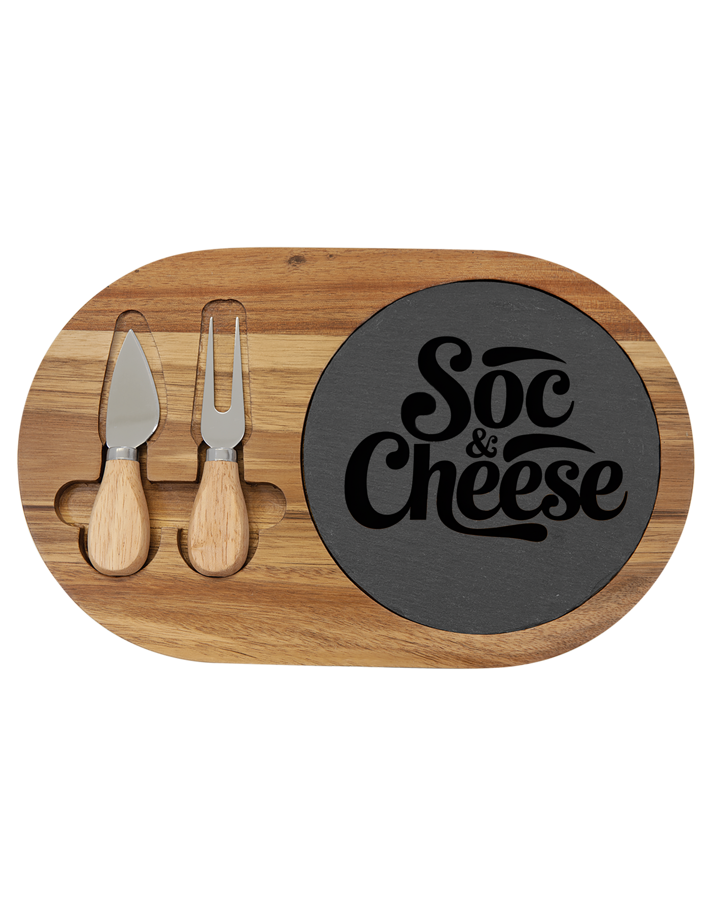 Wooden cheese board with two knives and a black slate.