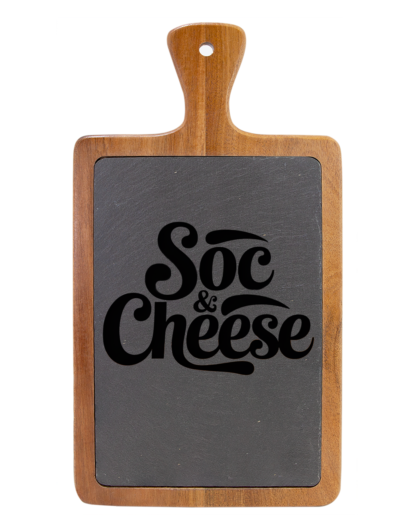 Wooden cutting board with a dark gray slate surface and 'Soc & Cheese' text.