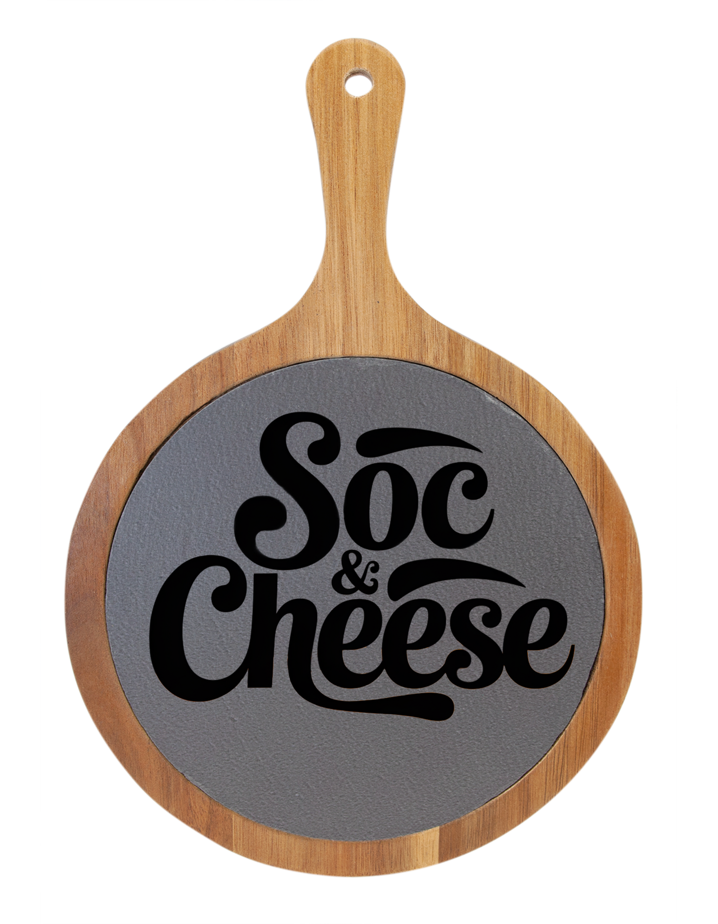 Round wooden charcuterie board with 'Soc & Cheese' text