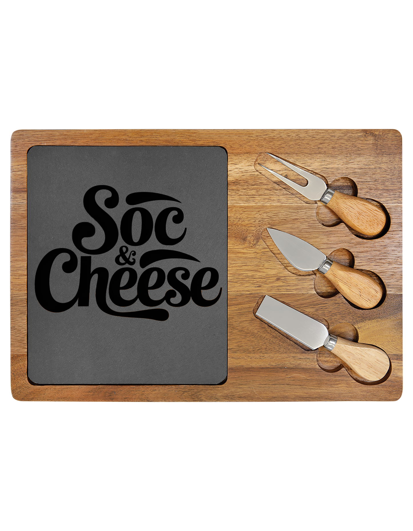 Wooden cheese board with slate surface and 'Soc & Cheese' text, accompanied by three cheese knives.