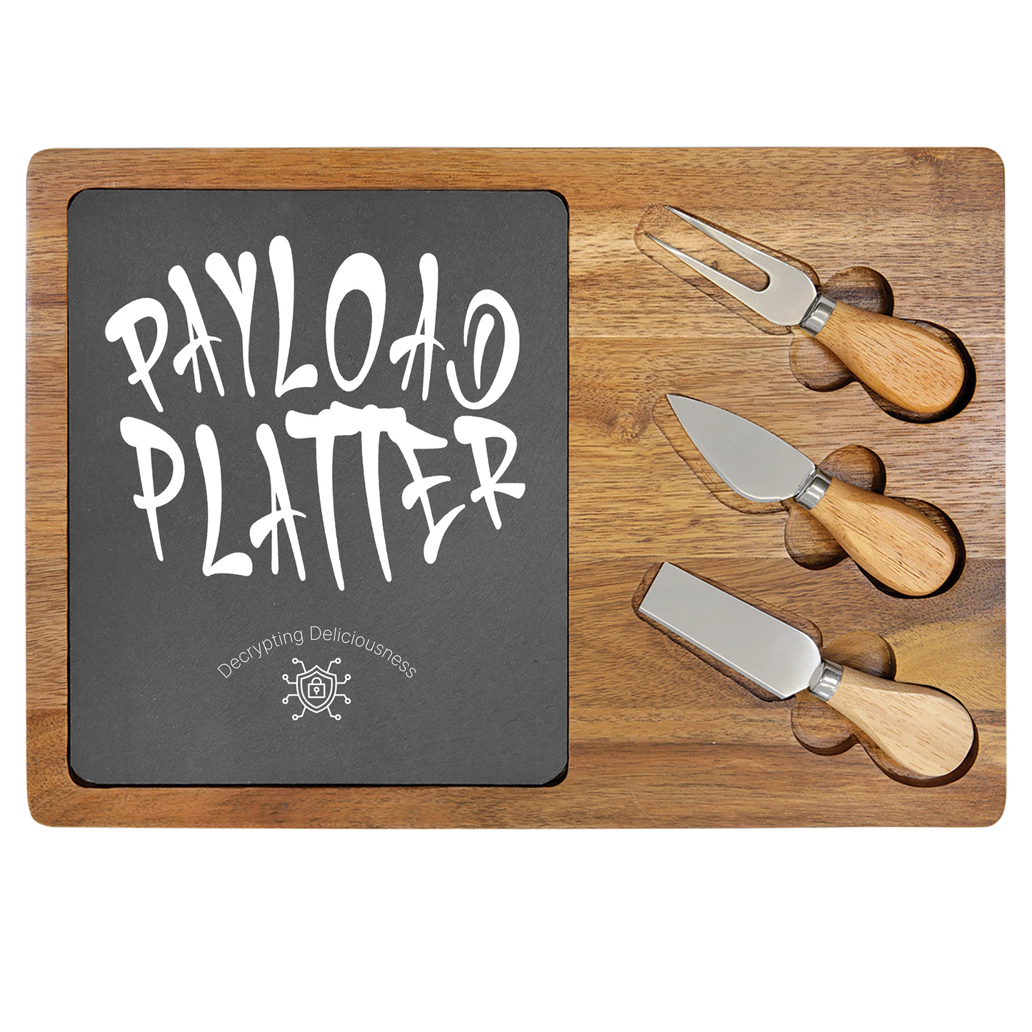 Square wooden platter with 'Payload Platter' sign and cheese knives on a white background