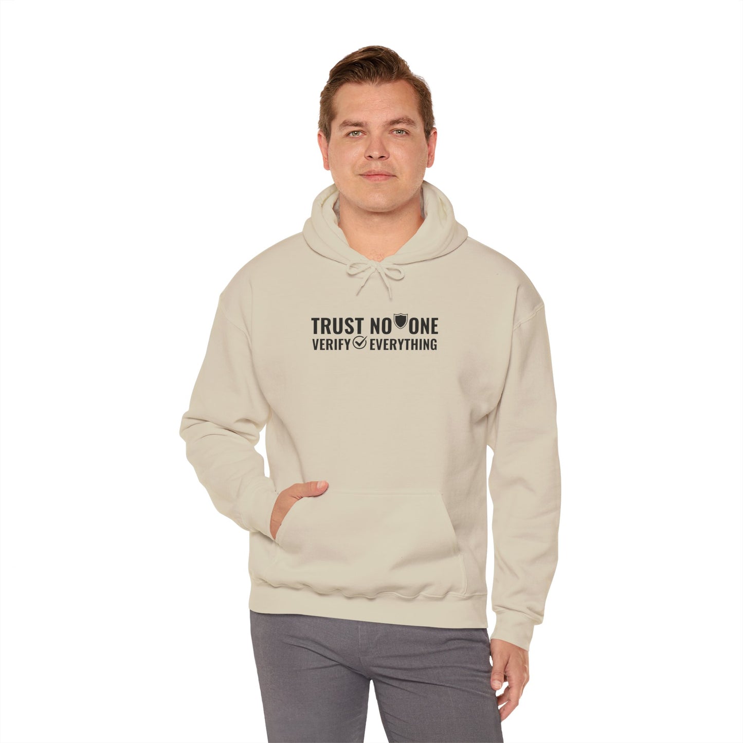 Sand cybersecurity hoodie on model, 'Trust No One, Verify Everything' slogan, ideal for IT security professionals.